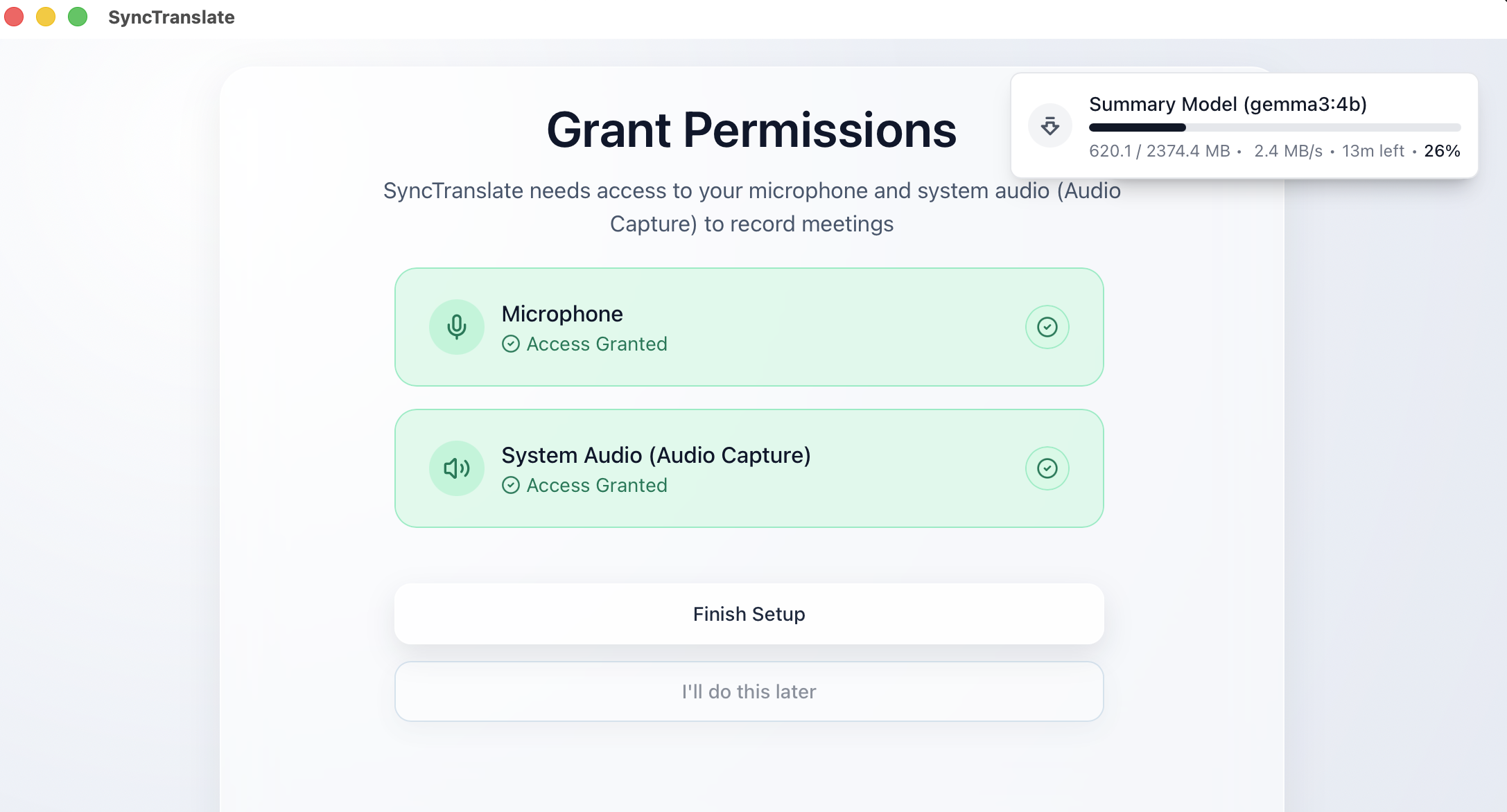 SyncTranslate step 3: Grant microphone and system audio access