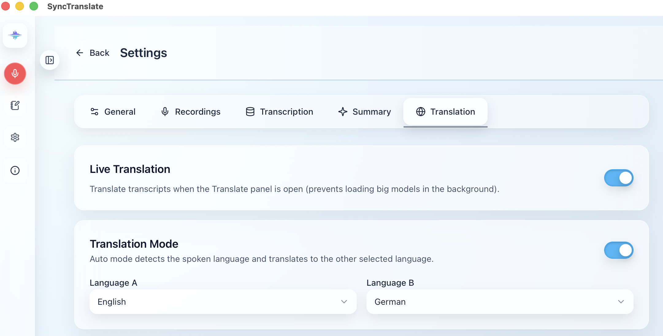 SyncTranslate step 4: Enable live translation and choose languages
